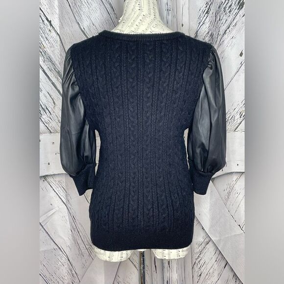 Tahari Faux Leather Puff Sleeve Sweater Black Cable Knit M - Picture 4 of 8
